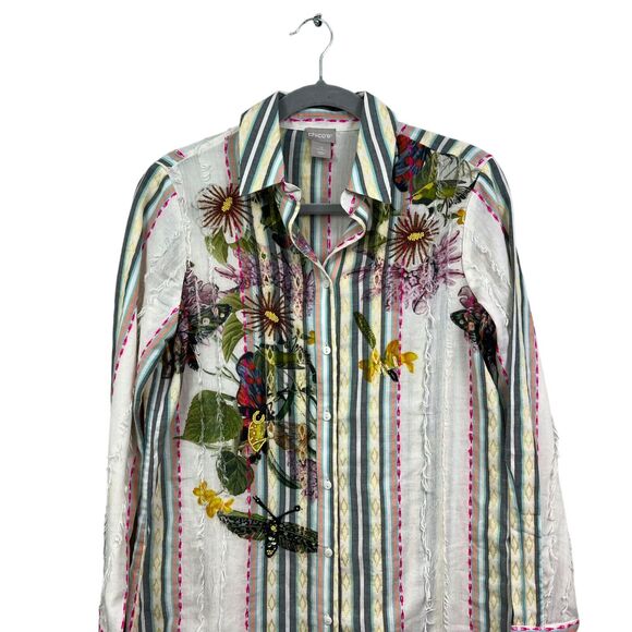 Chico's Womens‎ Beaded Embellished Floral Top Shirt Embroidered Striped Fringe 0 - Picture 2 of 6